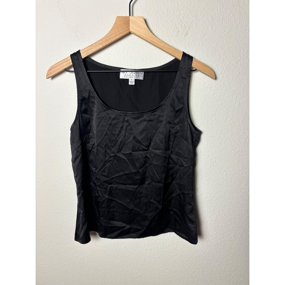 St. John Evening Marie Gray Black Silk Blend Satin Tank Top Shell Petite P